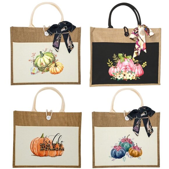 Custom Canvas Tote Bag, Large Size - Pumpkins, Fall Theme, Black or Cream Color - Picture 1 of 17